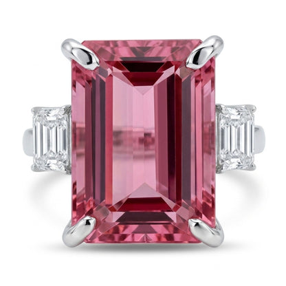 14K 8.66ct Emerald Cut Pink Tourmaline 0.74cttw Tapered Baguette White Diamond Ring