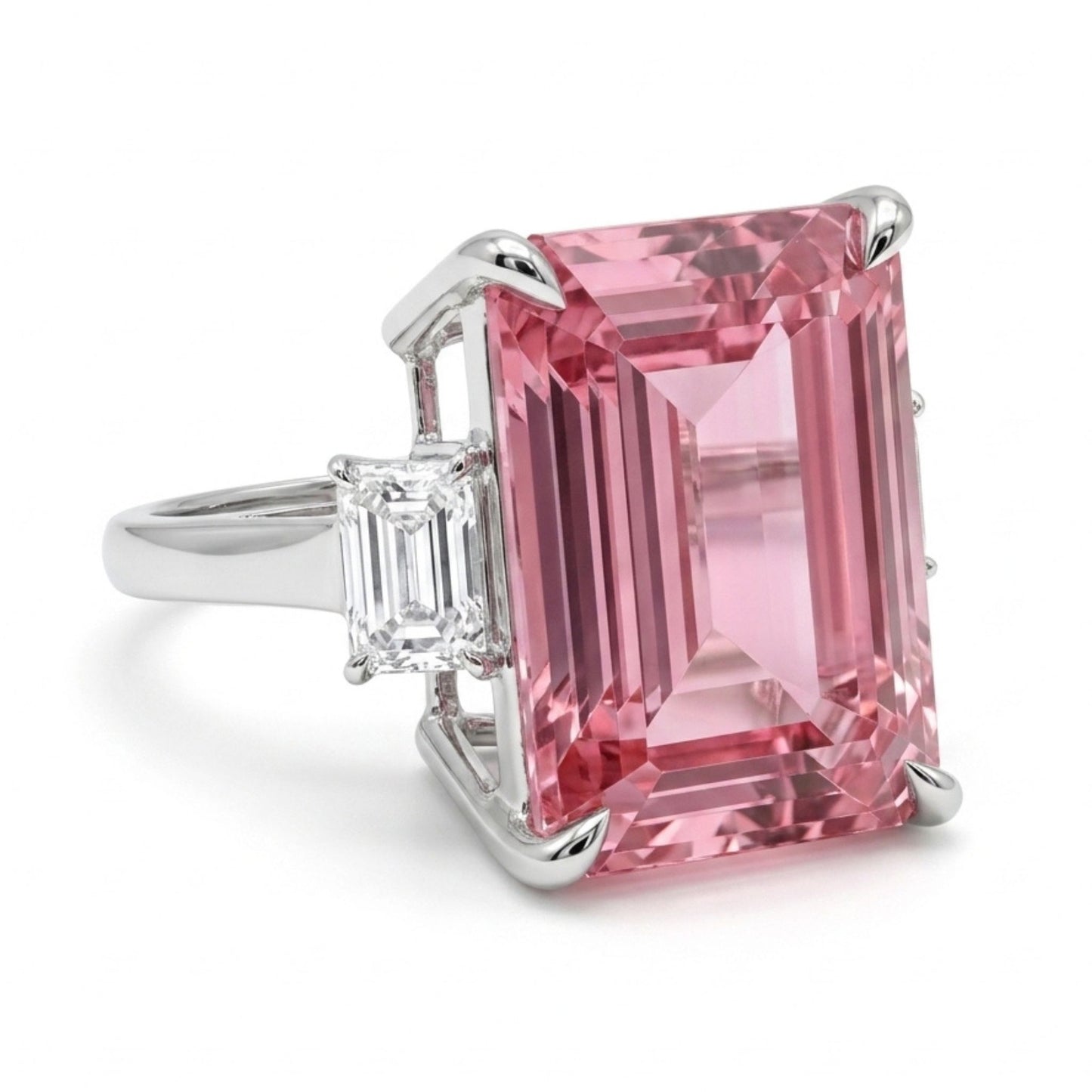 14K 8.66ct Emerald Cut Pink Tourmaline 0.74cttw Tapered Baguette White Diamond Ring