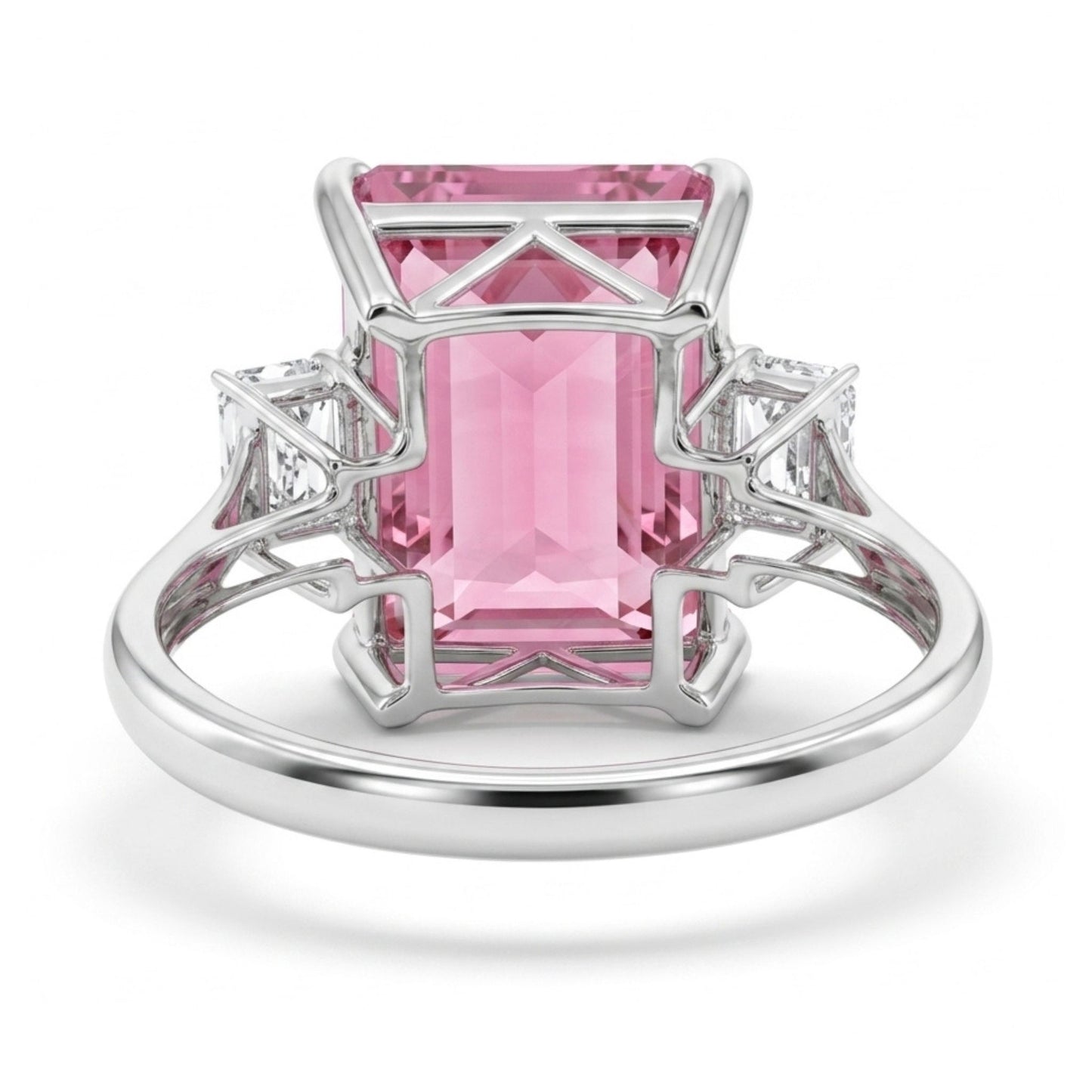 14K 8.66ct Emerald Cut Pink Tourmaline 0.74cttw Tapered Baguette White Diamond Ring