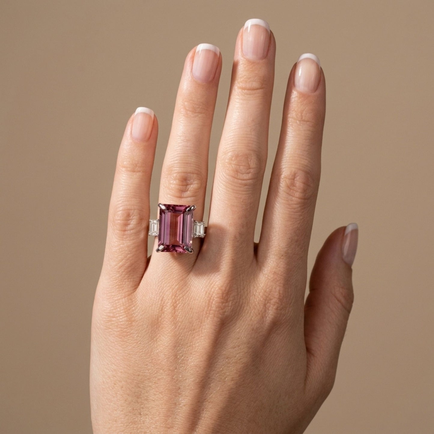 14K 8.66ct Emerald Cut Pink Tourmaline 0.74cttw Tapered Baguette White Diamond Ring