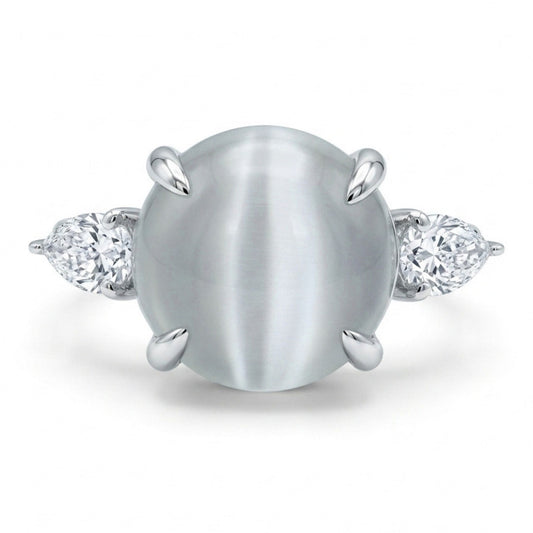 14K 4.14ct Round Cat's Eye Moonstone 0.40cttw White Diamonds Ring