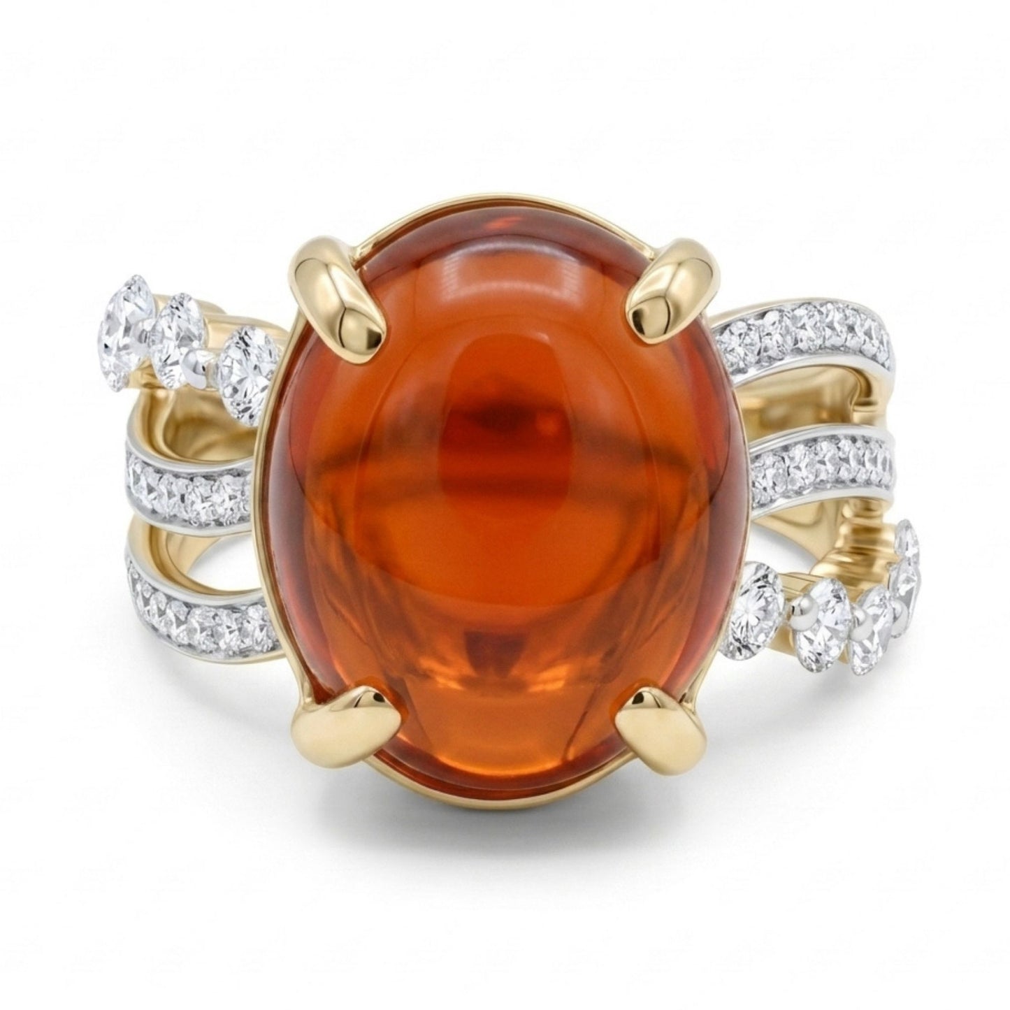 14K 3.42ct Oval Cabochon Fire Opal 0.68cttw VS White Diamonds Ring