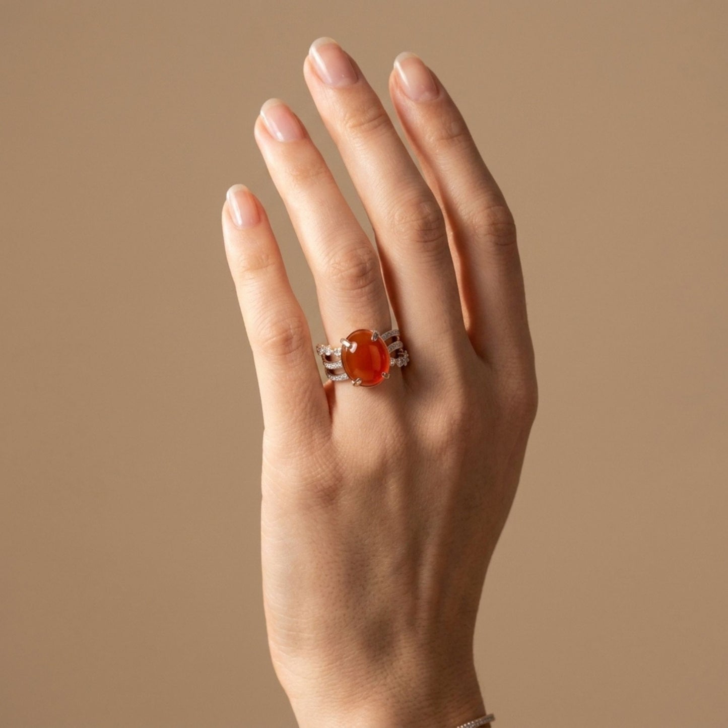 14K 3.42ct Oval Cabochon Fire Opal 0.68cttw VS White Diamonds Ring