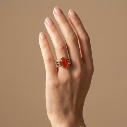 14K 3.42ct Oval Cabochon Fire Opal 0.68cttw VS White Diamonds Ring