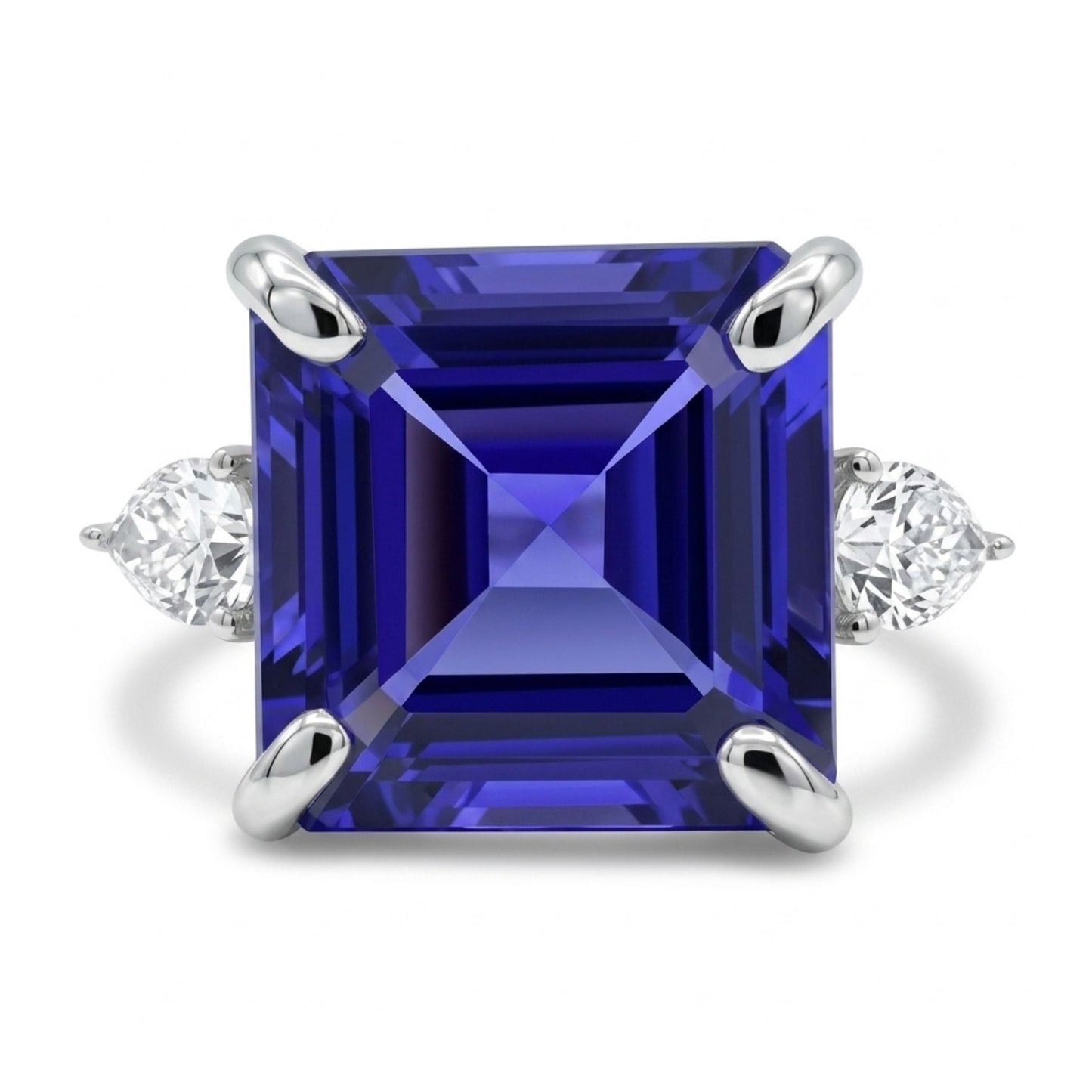 14K 6.28ct Asscher Cut Blue Wing Tanzanite 0.50cttw VS White Diamond Ring