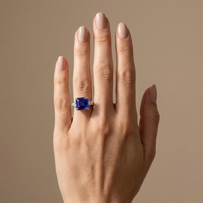 14K 6.28ct Asscher Cut Blue Wing Tanzanite 0.50cttw VS White Diamond Ring