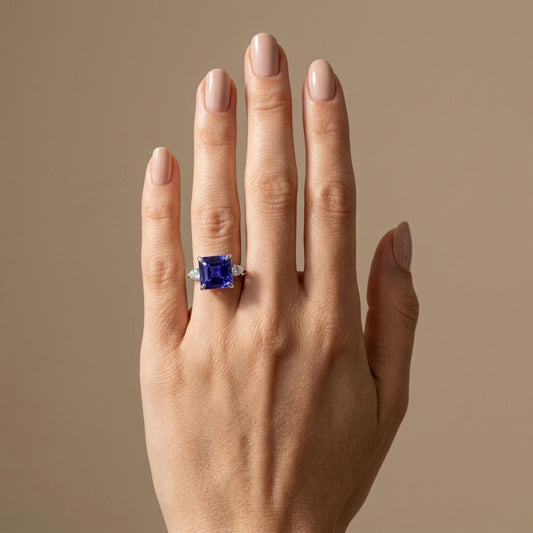 14K 6.28ct Asscher Cut Blue Wing Tanzanite 0.50cttw VS White Diamond Ring