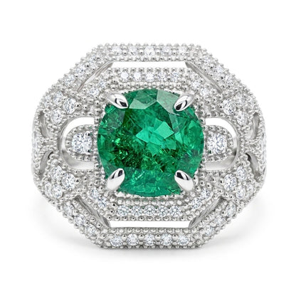 14K 1.87ct Round Colombian Emerald 0.43cttw VS White Diamonds Ring