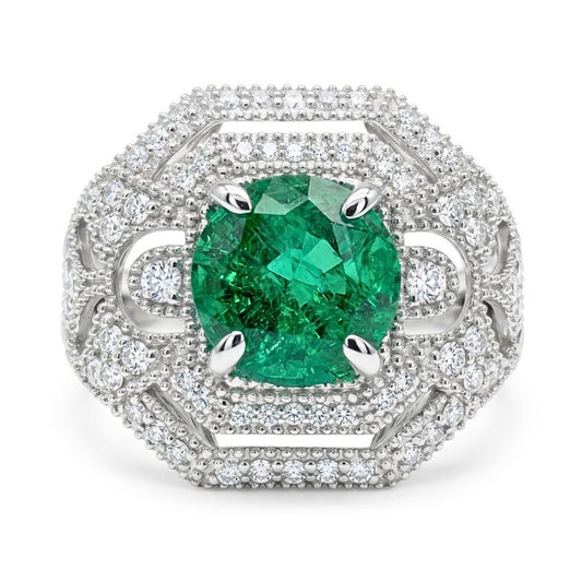 14K 1.87ct Round Colombian Emerald 0.43cttw VS White Diamonds Ring