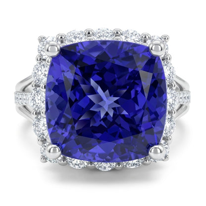 14K 4.50ct Cushion Blue Wing Tanzanite 0.86cttw VS White Diamonds Ring