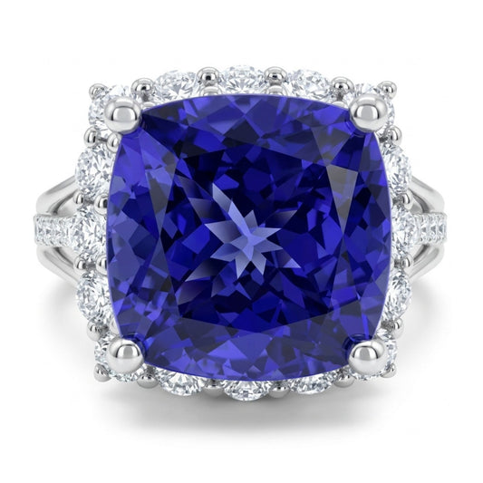 14K 4.50ct Cushion Blue Wing Tanzanite 0.86cttw VS White Diamonds Ring