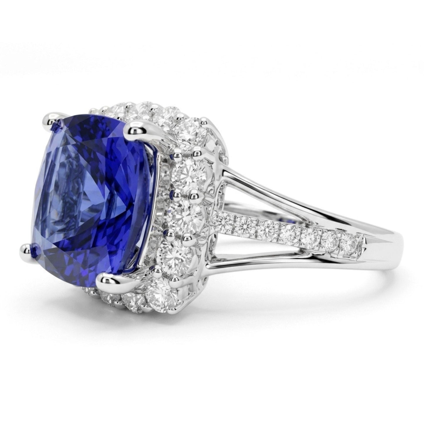 14K 4.50ct Cushion Blue Wing Tanzanite 0.86cttw VS White Diamonds Ring