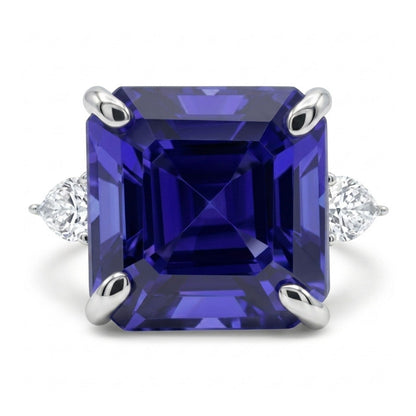 14K 10.34ct Asscher Cut Blue Wing Tanzanite 0.50cttw VS White Diamonds Ring