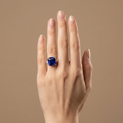 14K 10.34ct Asscher Cut Blue Wing Tanzanite 0.50cttw VS White Diamonds Ring