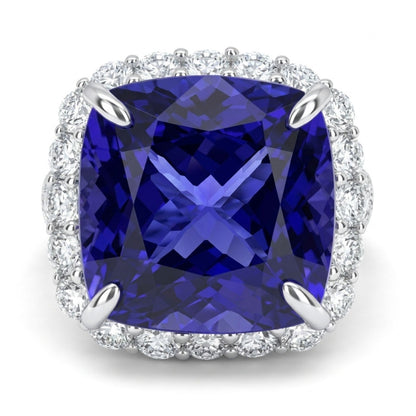 14K 9.21ct Cushion Blue Wing Tanzanite 1.52cttw VS White Diamonds Ring
