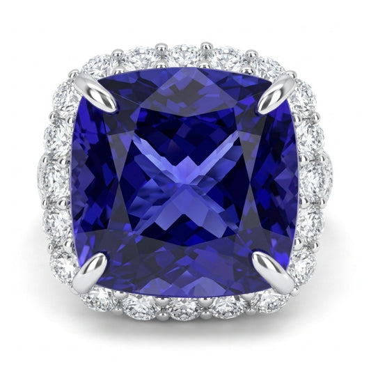 14K 9.21ct Cushion Blue Wing Tanzanite 1.52cttw VS White Diamonds Ring