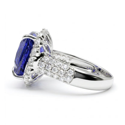 14K 9.21ct Cushion Blue Wing Tanzanite 1.52cttw VS White Diamonds Ring
