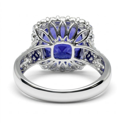 14K 9.21ct Cushion Blue Wing Tanzanite 1.52cttw VS White Diamonds Ring