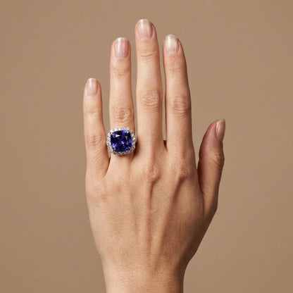 14K 9.21ct Cushion Blue Wing Tanzanite 1.52cttw VS White Diamonds Ring