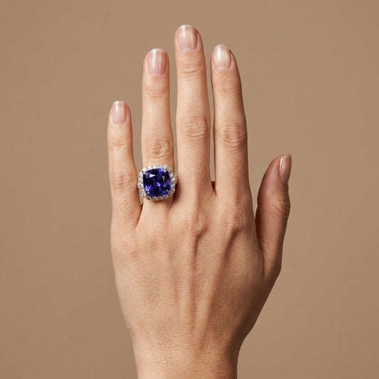 14K 9.21ct Cushion Blue Wing Tanzanite 1.52cttw VS White Diamonds Ring