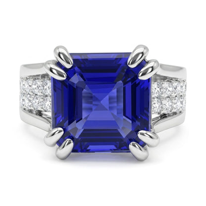 14K 3.51ct Asscher Cut Blue Wing Tanzanite 0.67cttw VS White Diamonds Ring