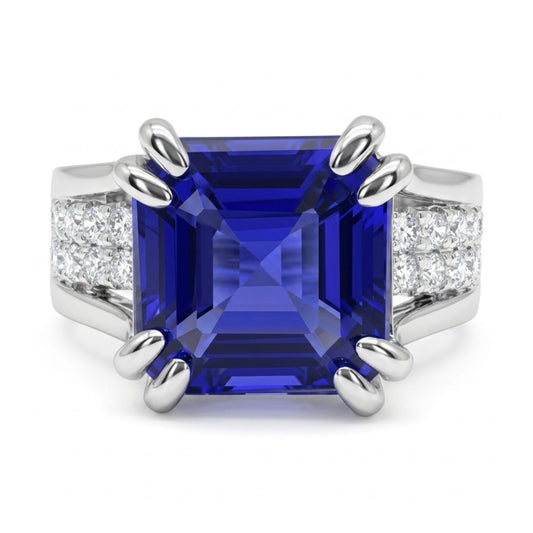 14K 3.51ct Asscher Cut Blue Wing Tanzanite 0.67cttw VS White Diamonds Ring