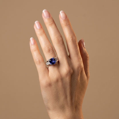 14K 3.51ct Asscher Cut Blue Wing Tanzanite 0.67cttw VS White Diamonds Ring