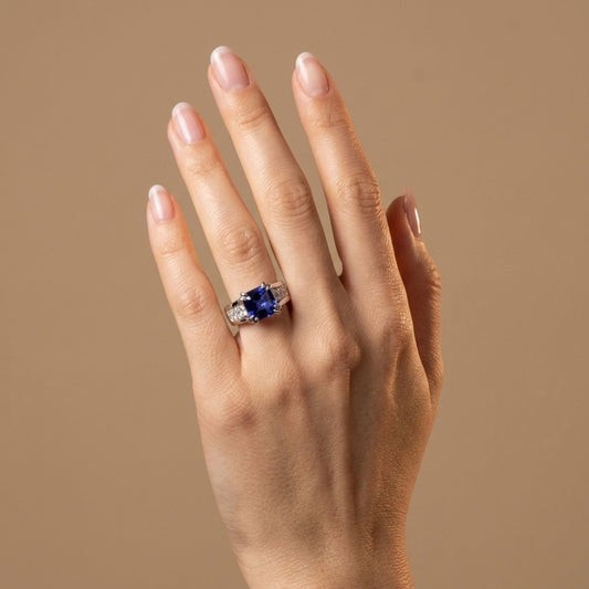 14K 3.51ct Asscher Cut Blue Wing Tanzanite 0.67cttw VS White Diamonds Ring