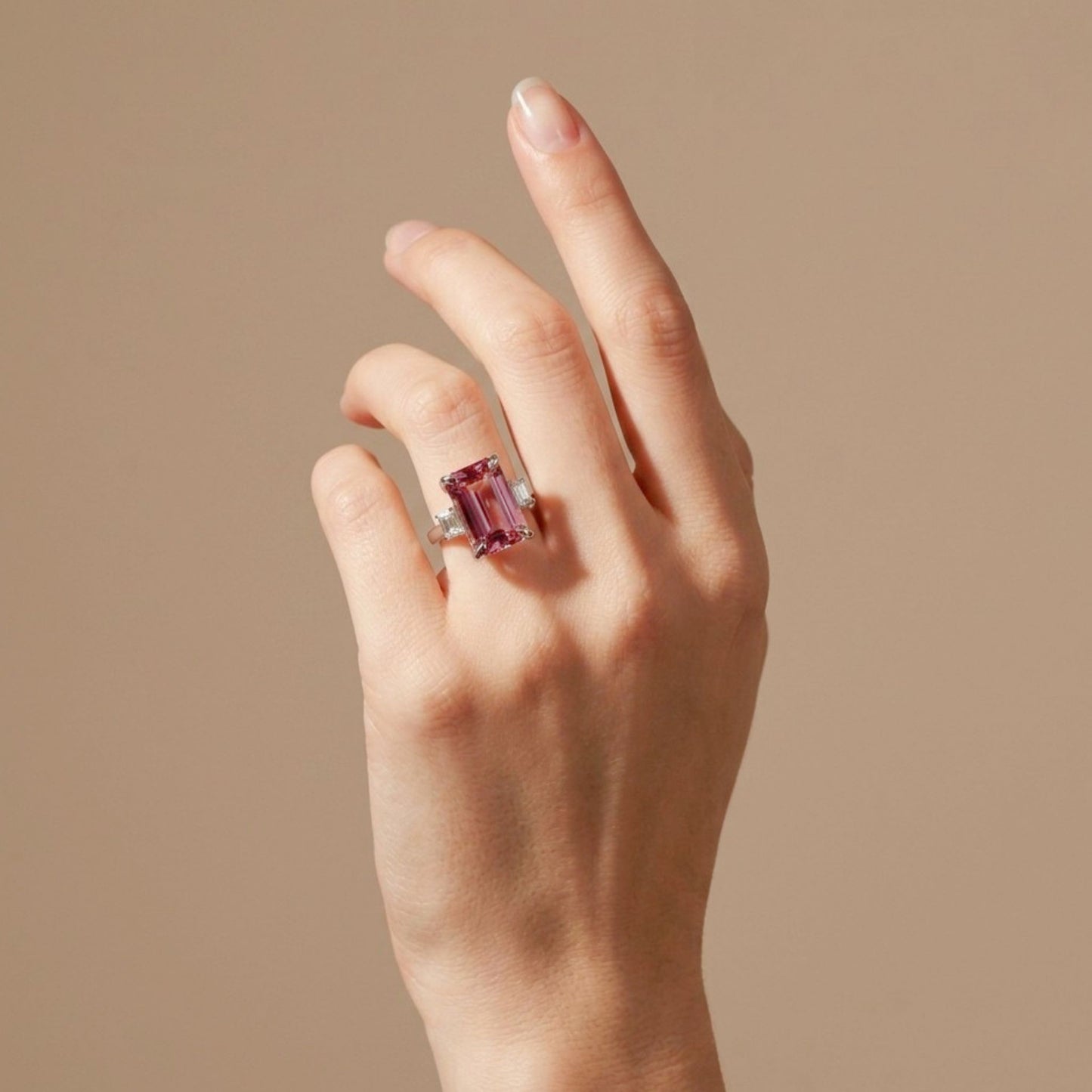 14K 7.32ct Emerald Cut Pink Tourmaline 0.50cttw VS White Diamonds Ring