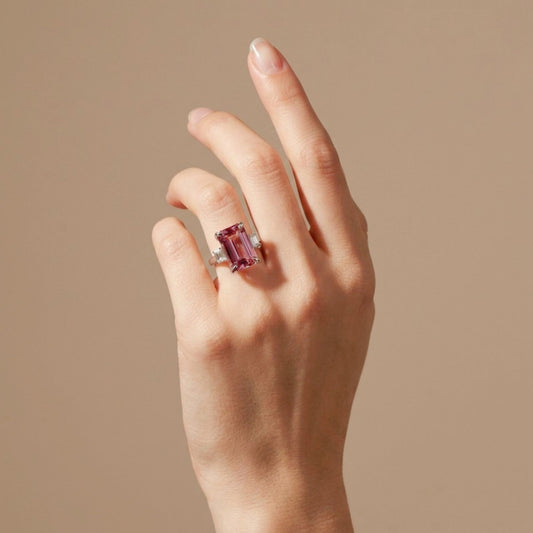 14K 7.32ct Emerald Cut Pink Tourmaline 0.50cttw VS White Diamonds Ring