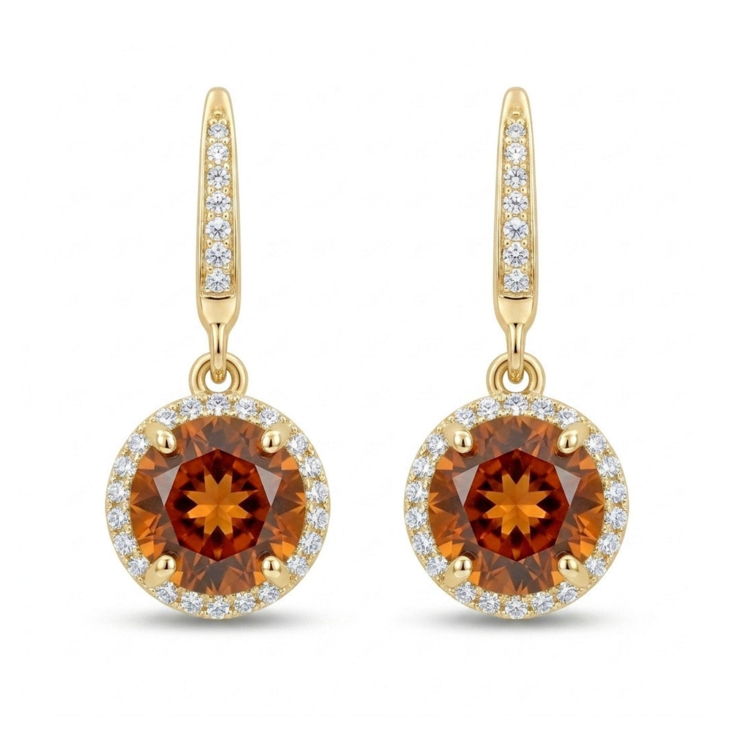 14K 2.00cttw Round Mandarin Garnet 0.22cttw VS White Diamonds Drop Earrings