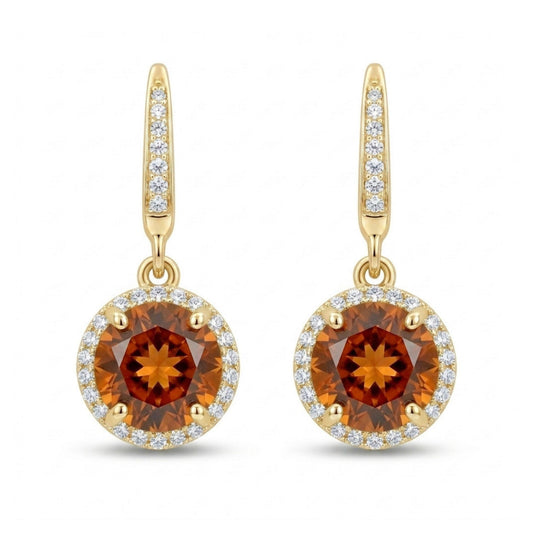 14K 2.00cttw Round Mandarin Garnet 0.22cttw VS White Diamonds Drop Earrings