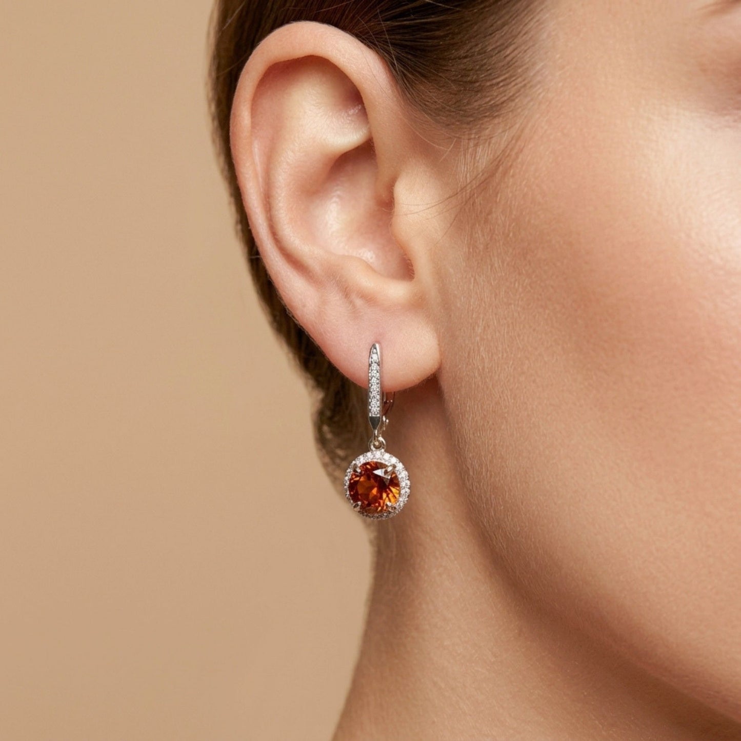 14K 2.00cttw Round Mandarin Garnet 0.22cttw VS White Diamonds Drop Earrings