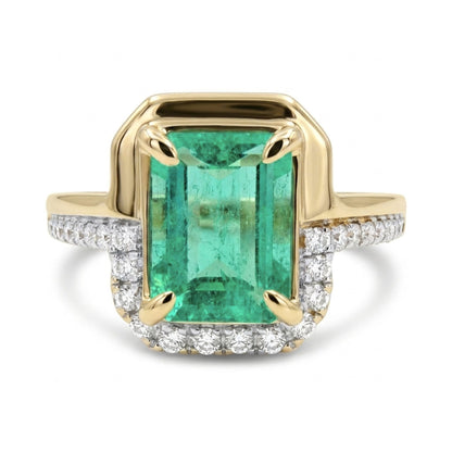 14K 1.49ct Emerald Cut Colombian Emerald 0.22cttw VS White Diamonds Ring