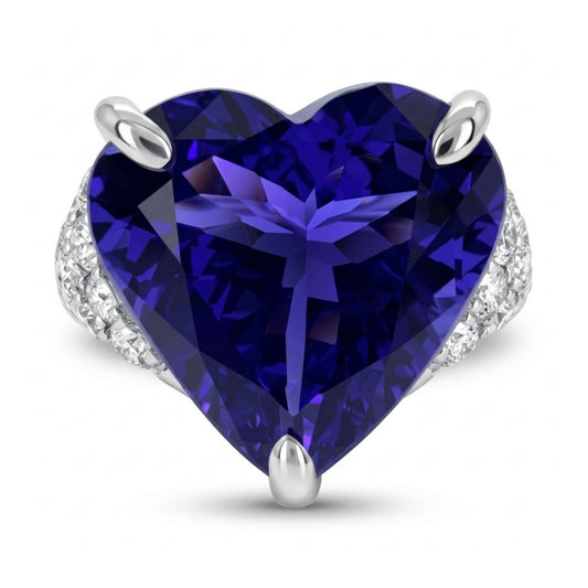 14K 12.11ct Heart Shape Blue Wing Tanzanite 0.89cttw VS White Diamonds Ring