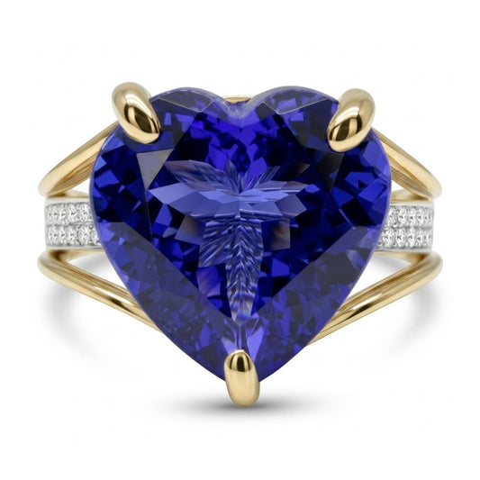 14K 5.33ct Heart Shape Blue Wing Tanzanite 0.21cttw VS White Diamonds Ring