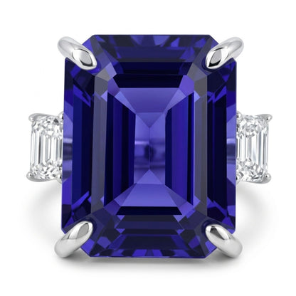 14K 13.05ct Emerald Cut Blue Wing Tanzanite 0.74cttw VS White Diamonds Ring
