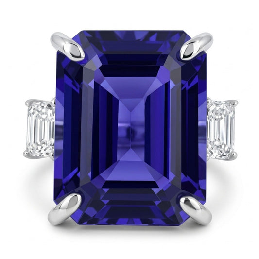 14K 13.05ct Emerald Cut Blue Wing Tanzanite 0.74cttw VS White Diamonds Ring
