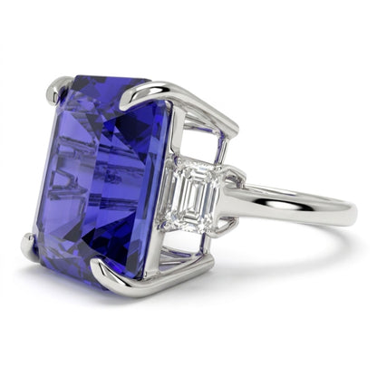 14K 13.05ct Emerald Cut Blue Wing Tanzanite 0.74cttw VS White Diamonds Ring