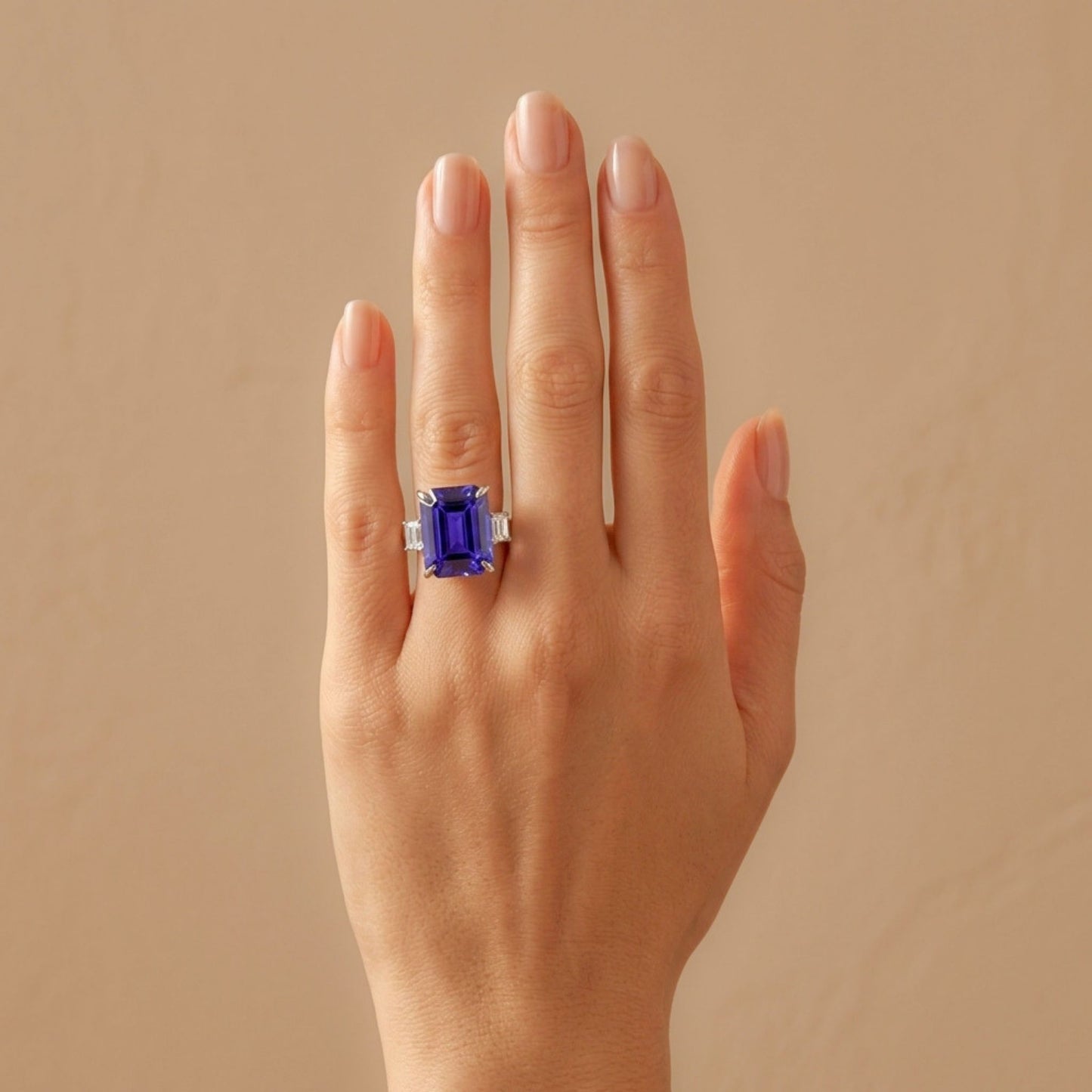 14K 13.05ct Emerald Cut Blue Wing Tanzanite 0.74cttw VS White Diamonds Ring