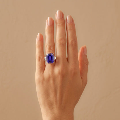 14K 13.05ct Emerald Cut Blue Wing Tanzanite 0.74cttw VS White Diamonds Ring
