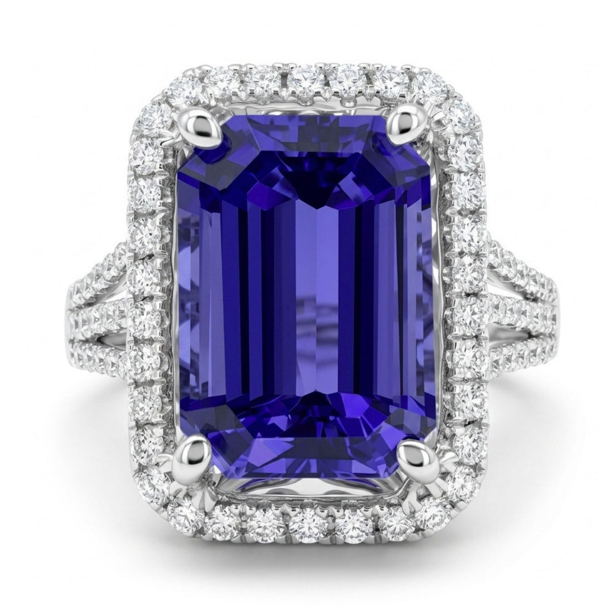 14K gold 4.10ct emerald cut blue wing tanzanite ring with VS white diamonds