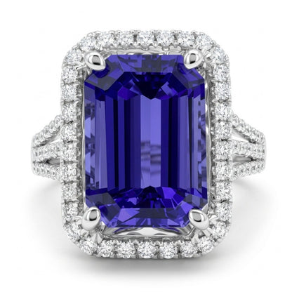 14K gold 4.10ct emerald cut blue wing tanzanite ring with VS white diamonds