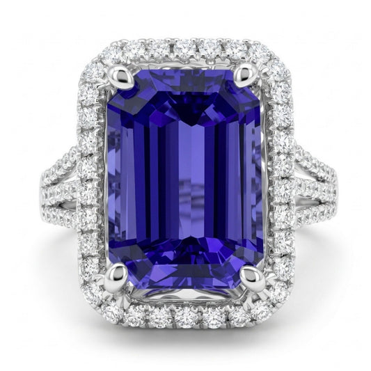 14K 4.10ct Emerald Cut Blue Wing Tanzanite 0.49cttw VS White Diamonds Ring