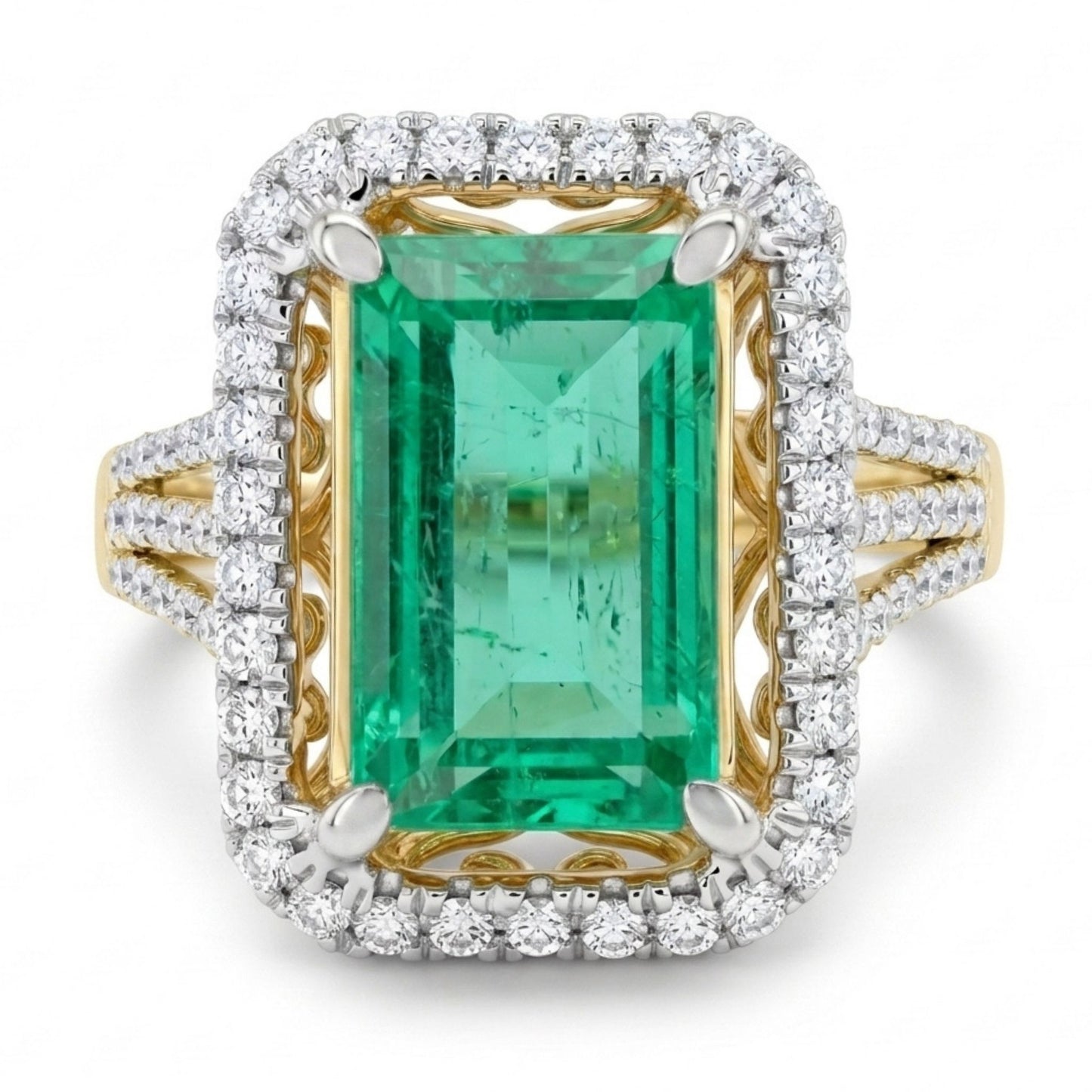 14K 2.43ct Emerald Cut Colombian Emerald 0.49cttw VS White Diamonds Ring
