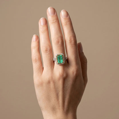 14K 2.43ct Emerald Cut Colombian Emerald 0.49cttw VS White Diamonds Ring