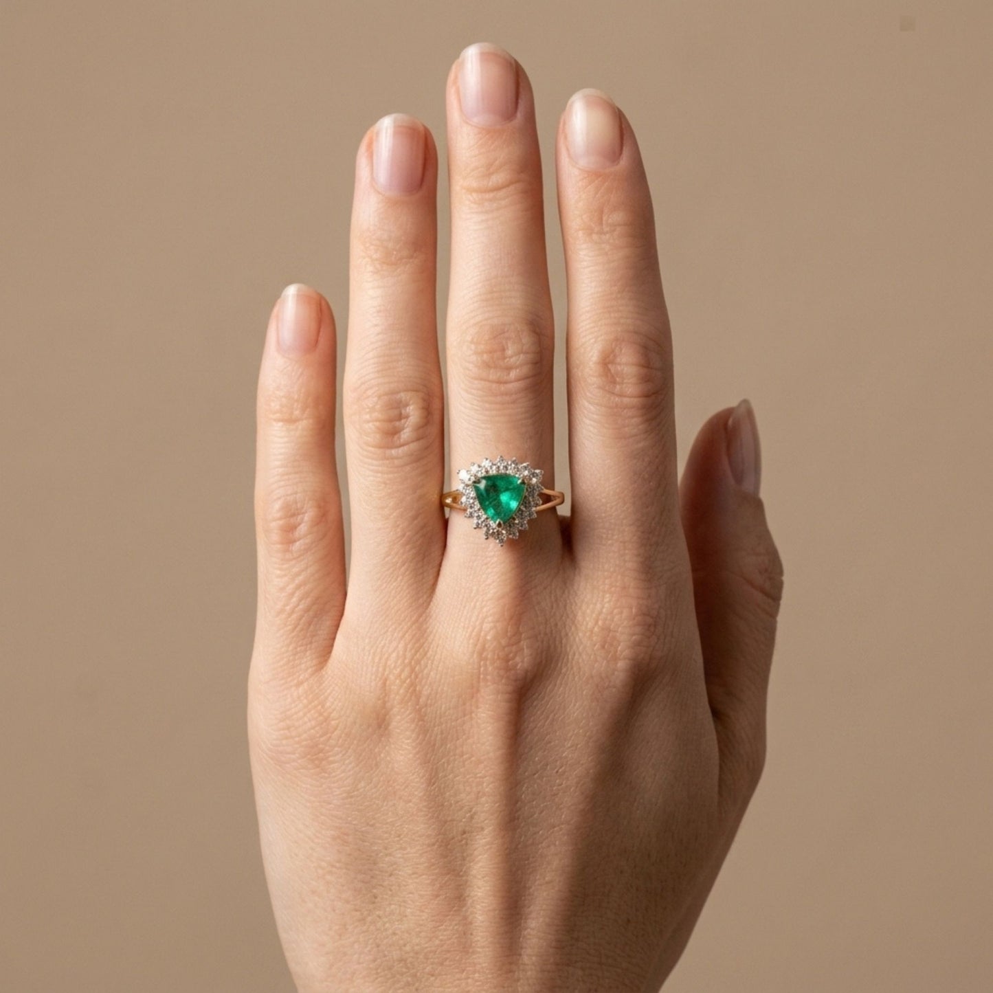 14K 1.00ct Trilliant Colombian Emerald 0.69cttw VS White Diamonds Ring