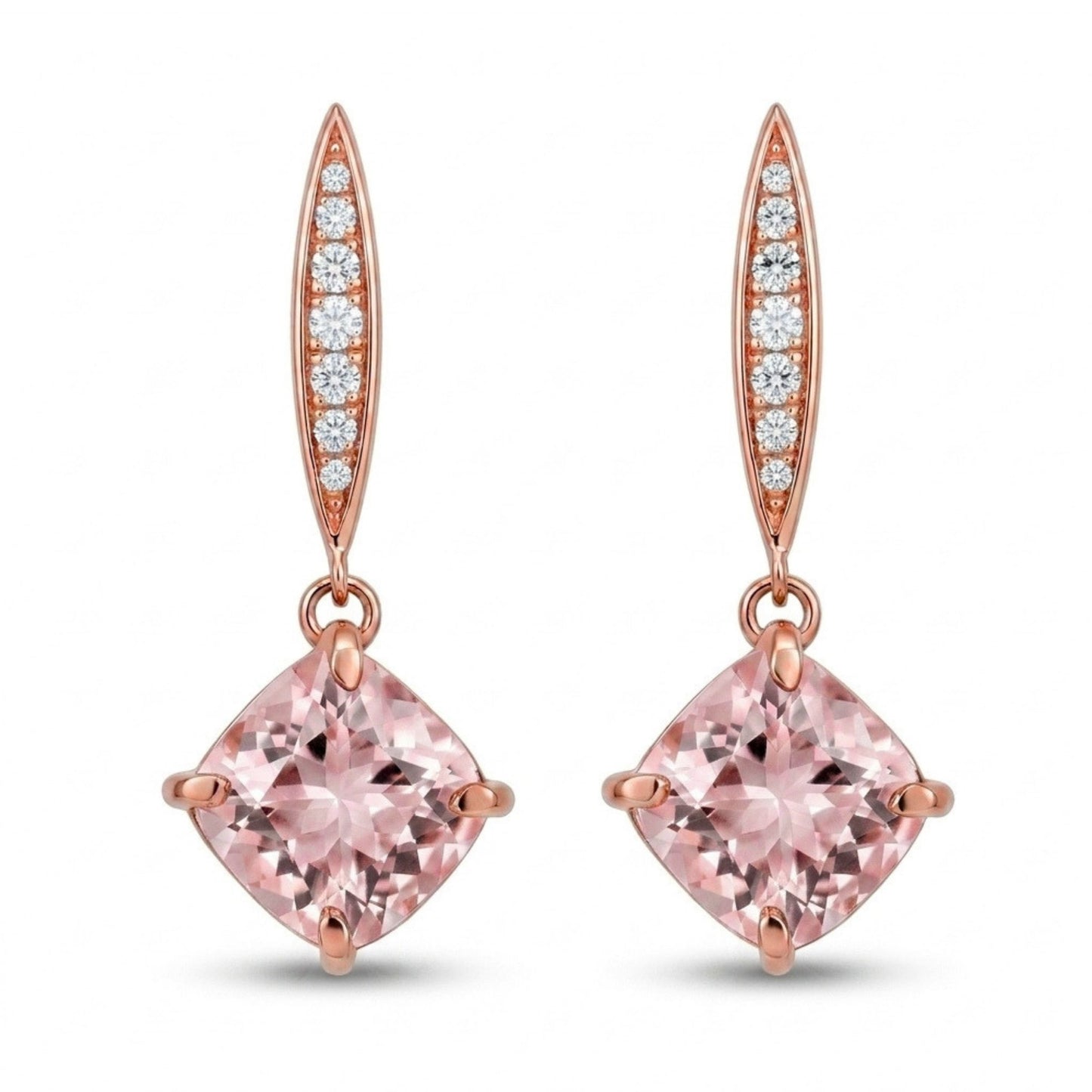 14K 4.20cttw Cushion Morganite 0.18cttw VS White Diamonds Drop Earrings