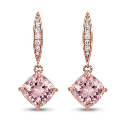 14K 4.20cttw Cushion Morganite 0.18cttw VS White Diamonds Drop Earrings