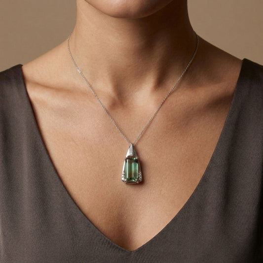 14K 4.41ct Emerald Cut Mint Tourmaline 0.24cttw VS White Diamonds Pendant